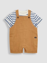 JoJo Maman Bébé Tan 100% Cotton 2-Piece Dungarees & Stripe T-Shirt Set - Image 1 of 7