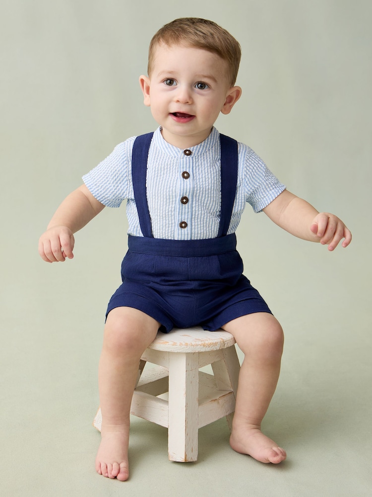 JoJo Maman Bébé Blue 2-Piece Baby Grandad Shirt & Shorts Set - Image 2 of 6