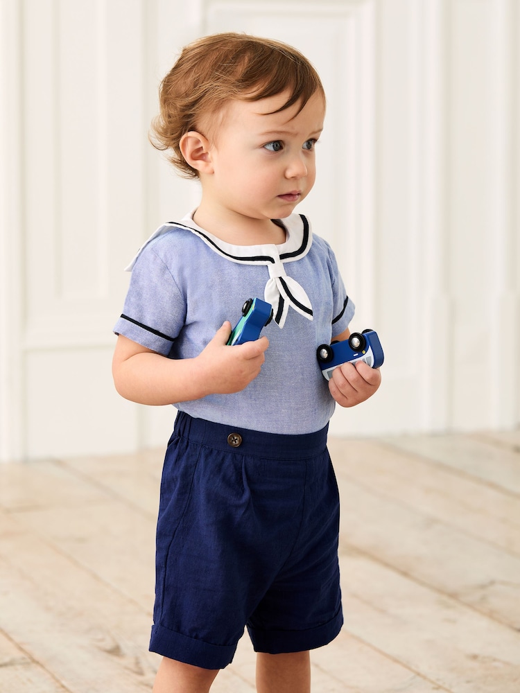JoJo Maman Bébé Navy 100% Cotton Sailor Collar Body & Shorts Set 2 Piece - Image 1 of 10