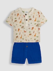 JoJo Maman Bébé Ecru Safari Friends 2-Piece Cheesecloth T-Shirt & Shorts Set - Image 1 of 6