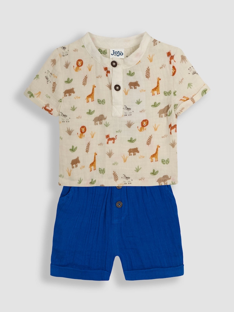 JoJo Maman Bébé Ecru Safari Friends 2-Piece Cheesecloth T-Shirt & Shorts Set - Image 1 of 6