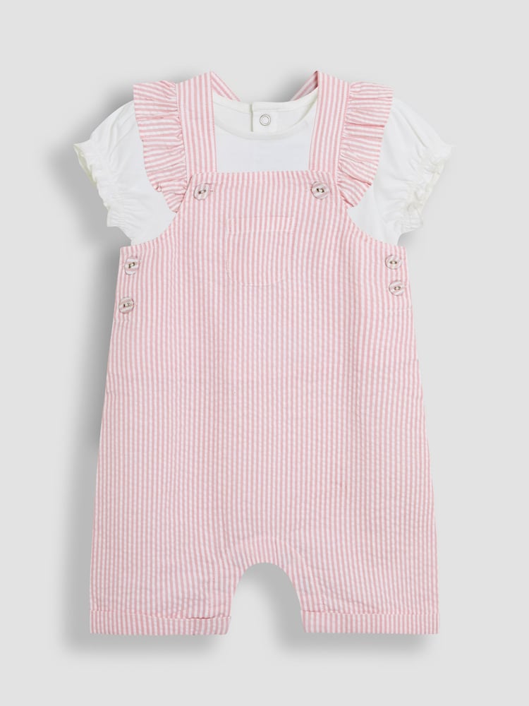 JoJo Maman Bébé Pink 2-Piece Seersucker Stripe Dungarees & T-Shirt Set - Image 1 of 7
