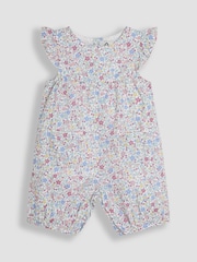 JoJo Maman Bébé Pink Cherry Ditsy Floral Print Pretty Ruffle Shoulder Sunsuit - Image 1 of 3