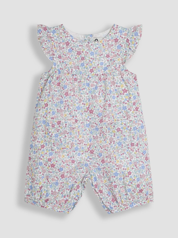 JoJo Maman Bébé Pink Cherry Ditsy Floral Print Pretty Ruffle Shoulder Sunsuit - Image 1 of 3