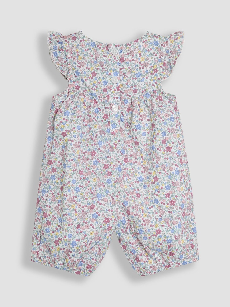 JoJo Maman Bébé Pink Cherry Ditsy Floral Print Pretty Ruffle Shoulder Sunsuit - Image 2 of 3 JoJo Maman Bébé Pink Cherry Ditsy Floral Print Pretty Ruffle Shoulder Sunsuit - Image 2 of 3