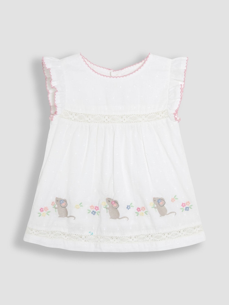 JoJo Maman Bébé White Mouse Appliqué Ruffle 100% Cotton Blouse - Image 1 of 3