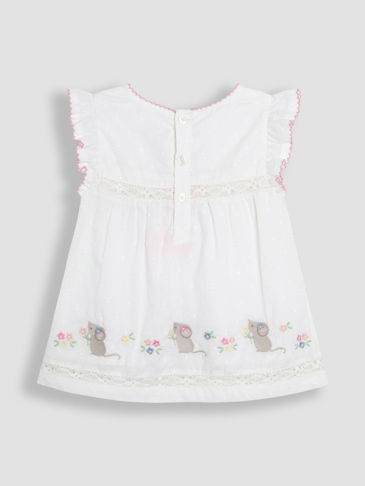 JoJo Maman Bébé White Mouse Appliqué Ruffle 100% Cotton Blouse - Image 3 of 3