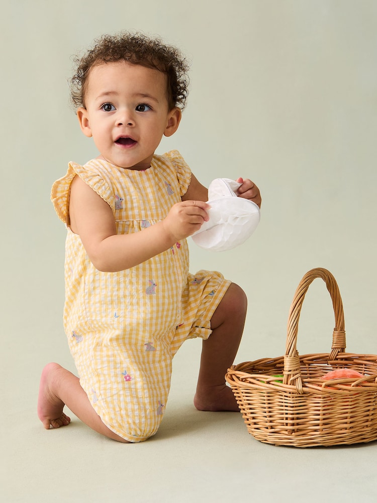 JoJo Maman Bébé Yellow Bunny Gingham Pretty Ruffle Shoulder Embroidered Sunsuit - Image 1 of 7
