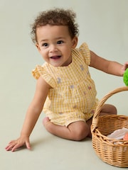 JoJo Maman Bébé Yellow Bunny Gingham Pretty Ruffle Shoulder Embroidered Sunsuit - Image 2 of 7