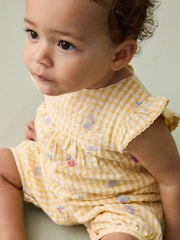 JoJo Maman Bébé Yellow Bunny Gingham Pretty Ruffle Shoulder Embroidered Sunsuit - Image 3 of 7