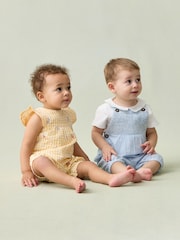 JoJo Maman Bébé Yellow Bunny Gingham Pretty Ruffle Shoulder Embroidered Sunsuit - Image 4 of 7