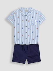 JoJo Maman Bébé Blue Sailboat 2-Piece Printed Shirt & Twill Shorts Set - Image 1 of 6