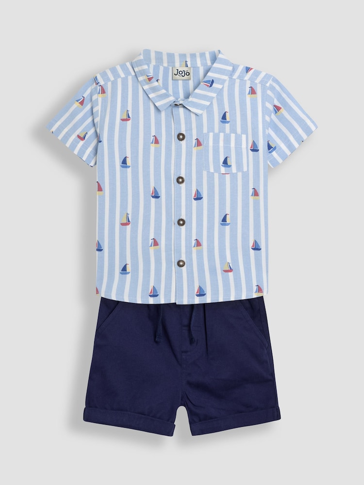 JoJo Maman Bébé Blue Sailboat 2-Piece Printed Shirt & Twill Shorts Set - Image 1 of 6 JoJo Maman Bébé Blue Sailboat 2-Piece Printed Shirt & Twill Shorts Set - Image 1 of 6
