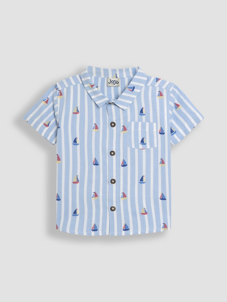 JoJo Maman Bébé Blue Sailboat 2-Piece Printed Shirt & Twill Shorts Set - Image 2 of 6