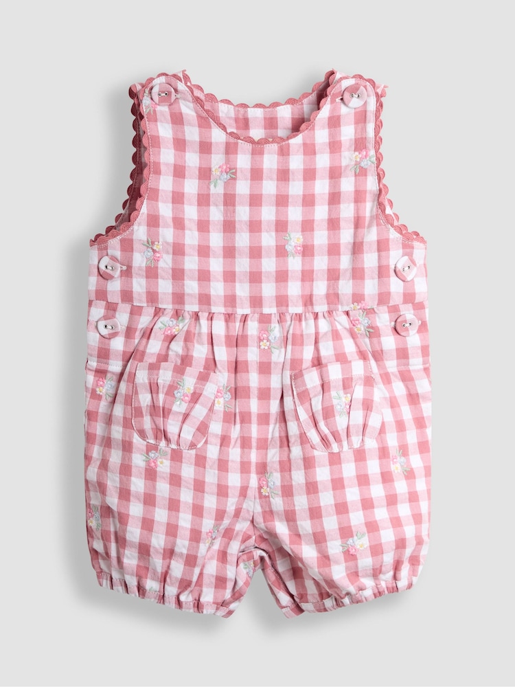 JoJo Maman Bébé Pink Floral Embroidered Gingham Dungarees - Image 1 of 3