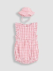 JoJo Maman Bébé Pink Floral Embroidered 2-Piece Frill-front Romper & Hat Set - Image 1 of 5