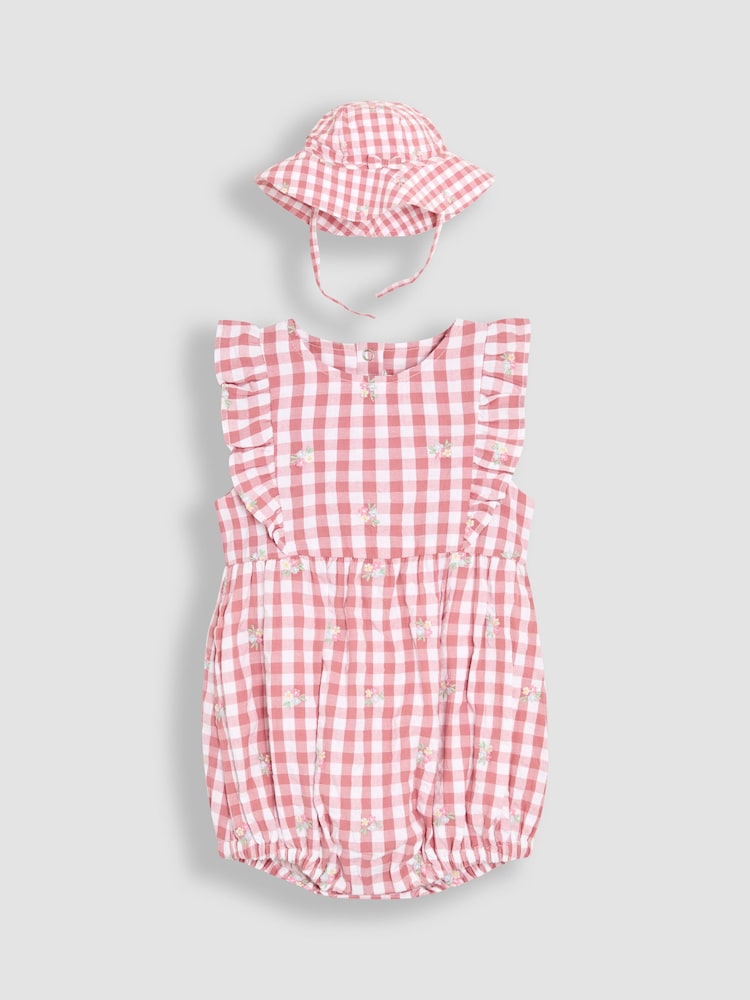 JoJo Maman Bébé Pink Floral Embroidered 2-Piece Frill-front Romper & Hat Set - Image 1 of 5