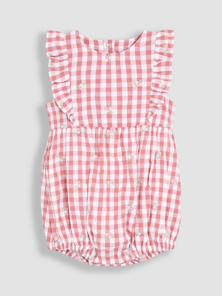 JoJo Maman Bébé Pink Floral Embroidered 2-Piece Frill-front Romper & Hat Set - Image 2 of 5