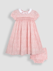 JoJo Maman Bébé Pink Ditsy Floral Smocked Woven 100% Cotton Dress - Image 1 of 5