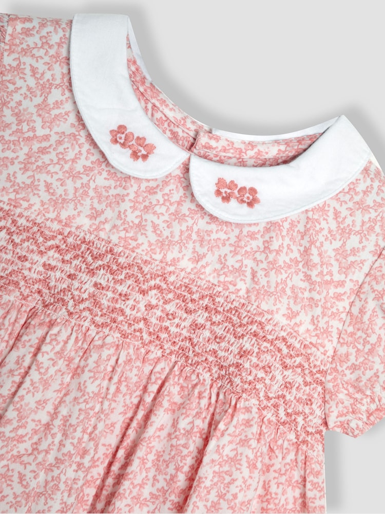 JoJo Maman Bébé Pink Ditsy Floral Smocked Woven 100% Cotton Dress - Image 5 of 5