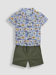 JoJo Maman Bébé Khaki Dino Stamp 2-Piece Printed Shirt & Twill Shorts Set - Image 1 of 6
