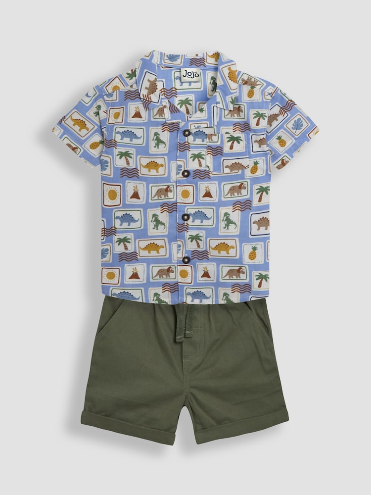 JoJo Maman Bébé Khaki Dino Stamp 2-Piece Printed Shirt & Twill Shorts Set - Image 1 of 6 JoJo Maman Bébé Khaki Dino Stamp 2-Piece Printed Shirt & Twill Shorts Set - Image 1 of 6