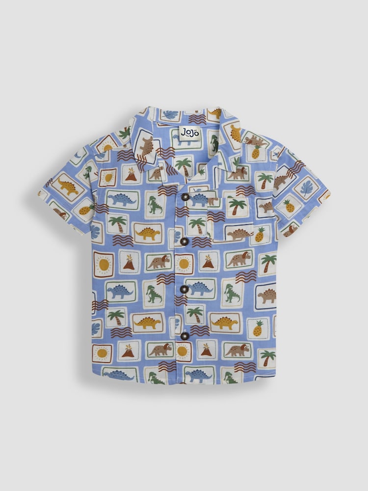 JoJo Maman Bébé Khaki Dino Stamp 2-Piece Printed Shirt & Twill Shorts Set - Image 2 of 6