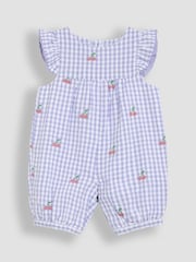 Lilac Purple Cherry Gingham - JoJo Maman Bébé – hübscher, bestickter Sonnenschutz-Anzug mit Rüschen an der Schulter aus 100 % Baumwolle - Image 1 of 3