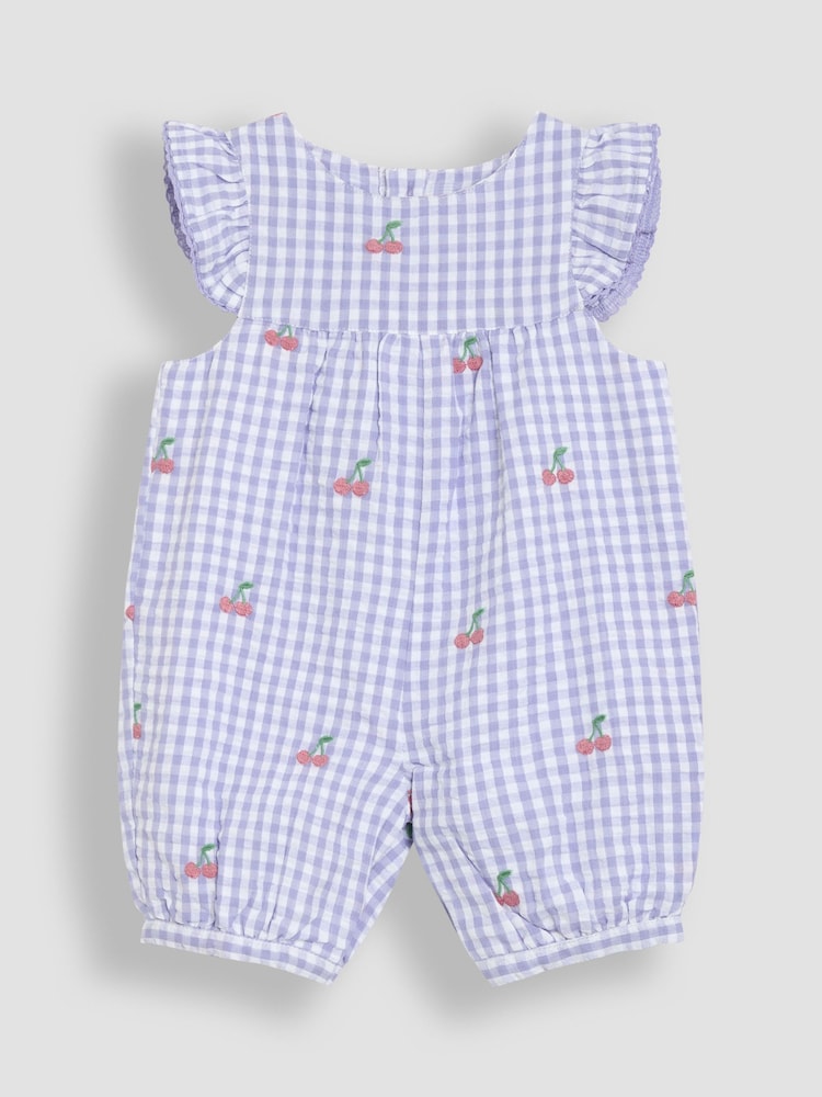 Lilac Purple Cherry Gingham - JoJo Maman Bébé – hübscher, bestickter Sonnenschutz-Anzug mit Rüschen an der Schulter aus 100 % Baumwolle - Image 1 of 3