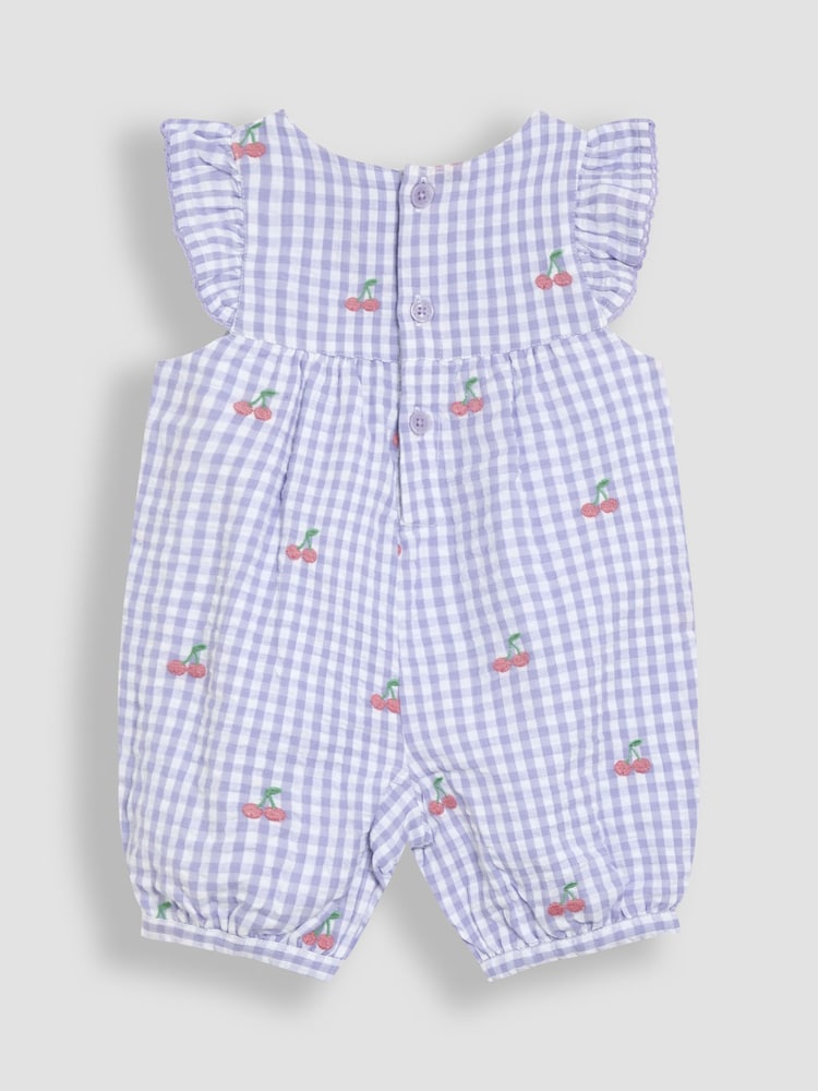 Lilac Purple Cherry Gingham - JoJo Maman Bébé – hübscher, bestickter Sonnenschutz-Anzug mit Rüschen an der Schulter aus 100 % Baumwolle - Image 2 of 3