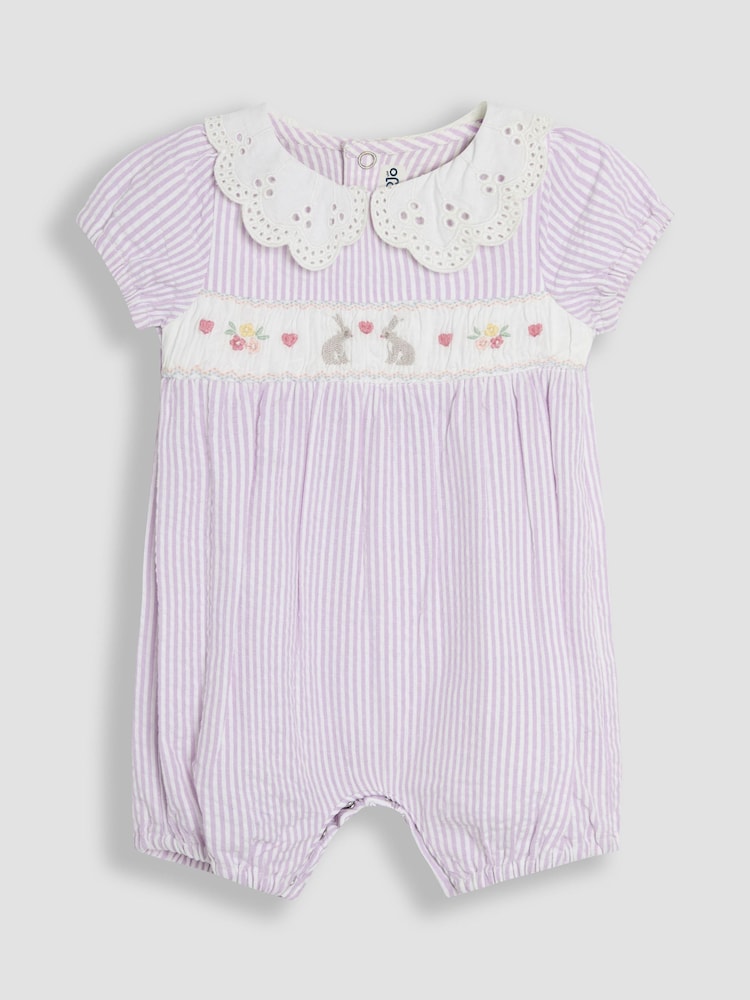 JoJo Maman Bébé Lilac Purple Bunny Embroidered Smocked Pretty Romper - Image 1 of 3