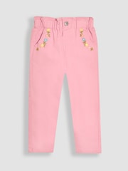 JoJo Maman Bébé Pink Floral Print Embroidered Twill 100% Cotton Trousers - Image 1 of 3