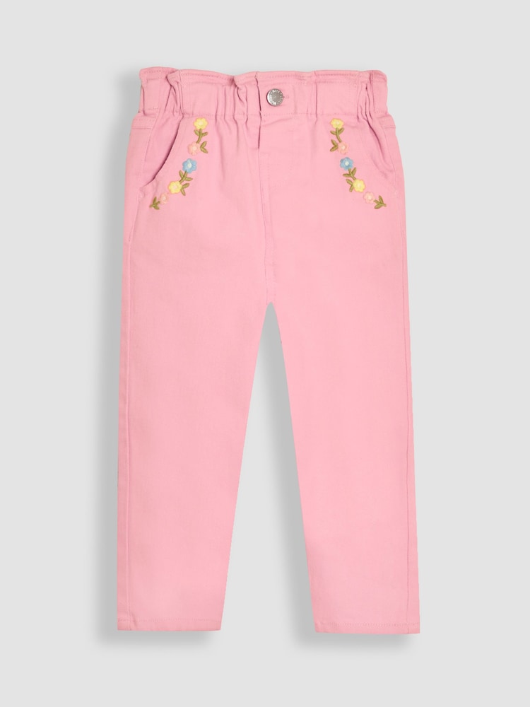 JoJo Maman Bébé Pink Floral Print Embroidered Twill 100% Cotton Trousers - Image 1 of 3
