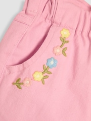 JoJo Maman Bébé Pink Floral Print Embroidered Twill 100% Cotton Trousers - Image 3 of 3