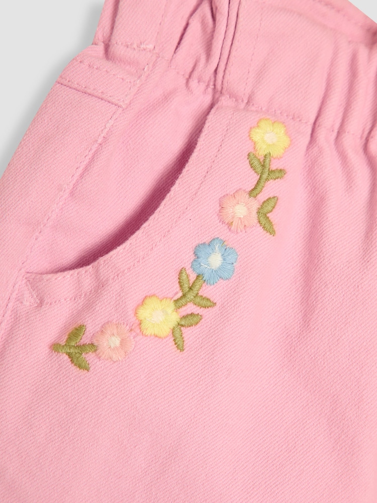 JoJo Maman Bébé Pink Floral Print Embroidered Twill 100% Cotton Trousers - Image 3 of 3