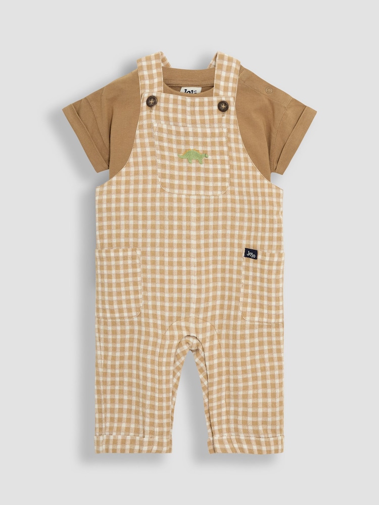 JoJo Maman Bébé Brown 2-Piece Dino Gingham Dungarees & T-Shirt Set - Image 1 of 7