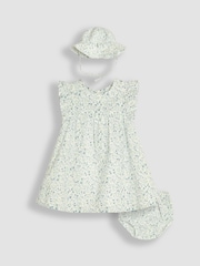 JoJo Maman Bébé Blue Ditsy Floral 3-Piece Frill Shoulder Baby Dress, Knicker & Hat Set - Image 1 of 6