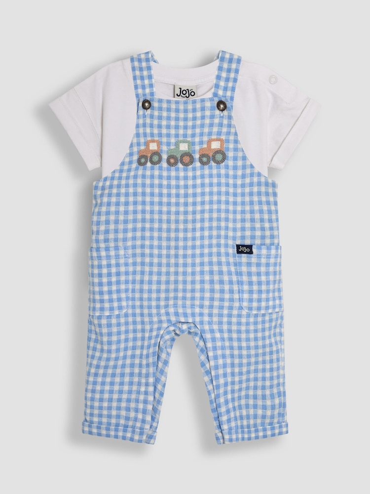 JoJo Maman Bébé Blue 2-Piece Tractor Gingham Dungarees & T-Shirt Set - Image 1 of 6 JoJo Maman Bébé Blue 2-Piece Tractor Gingham Dungarees & T-Shirt Set - Image 1 of 6