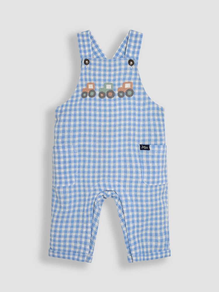JoJo Maman Bébé Blue 2-Piece Tractor Gingham Dungarees & T-Shirt Set - Image 2 of 6 JoJo Maman Bébé Blue 2-Piece Tractor Gingham Dungarees & T-Shirt Set - Image 2 of 6