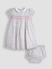 JoJo Maman Bébé Blue Ditsy Floral Smocked Woven 100% Cotton Dress - Image 1 of 6