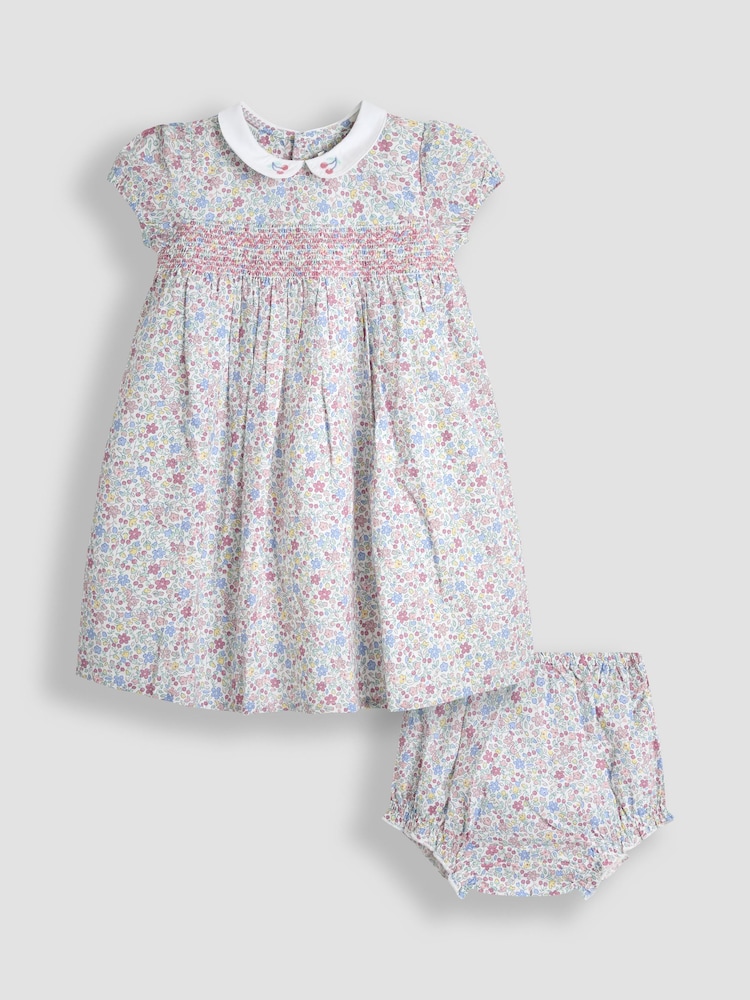 JoJo Maman Bébé Blue Ditsy Floral Smocked Woven 100% Cotton Dress - Image 1 of 6