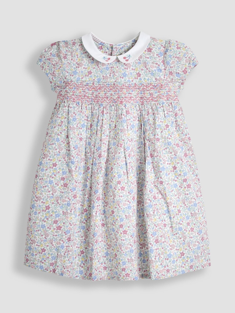JoJo Maman Bébé Blue Ditsy Floral Smocked Woven 100% Cotton Dress - Image 2 of 6