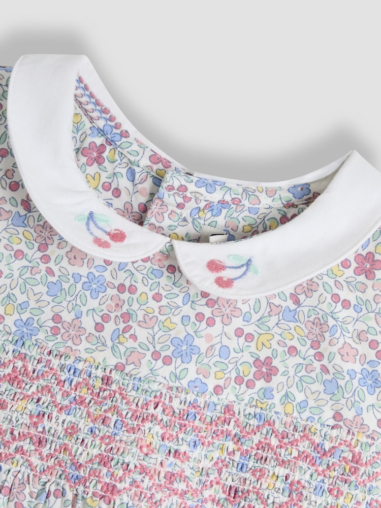JoJo Maman Bébé Blue Ditsy Floral Smocked Woven 100% Cotton Dress - Image 6 of 6