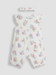 JoJo Maman Bébé White Floral Pretty Ruffle Shoulder Sunsuit with Headband - Image 1 of 5