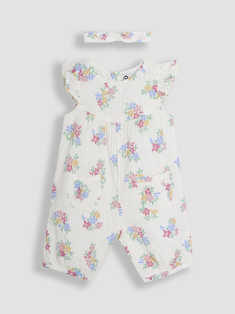 JoJo Maman Bébé White Floral Pretty Ruffle Shoulder Sunsuit with Headband - Image 1 of 5