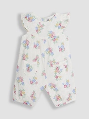JoJo Maman Bébé White Floral Pretty Ruffle Shoulder Sunsuit with Headband - Image 2 of 5