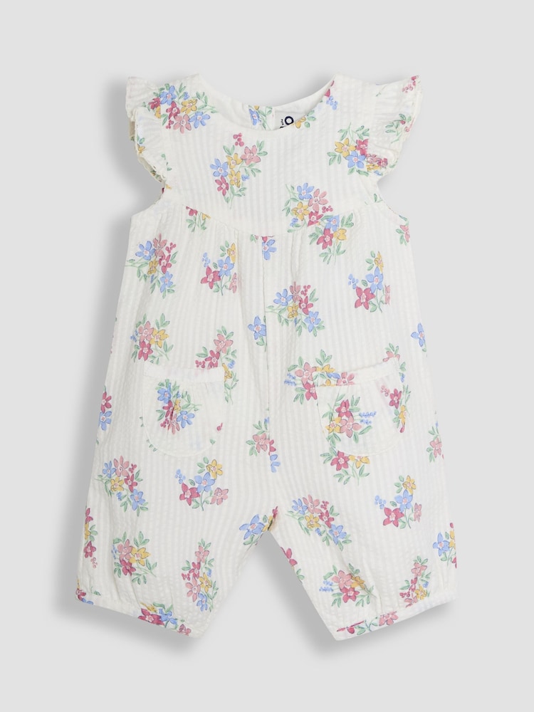 JoJo Maman Bébé White Floral Pretty Ruffle Shoulder Sunsuit with Headband - Image 2 of 5
