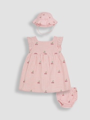 JoJo Maman Bébé Pink Cherry Embroidered 3-Piece Frill Shoulder Baby Dress, Knicker & Hat Set - Image 1 of 6