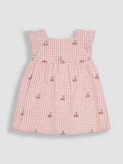 JoJo Maman Bébé Pink Cherry Embroidered 3-Piece Frill Shoulder Baby Dress, Knicker & Hat Set - Image 2 of 6