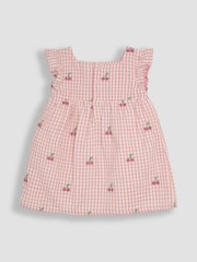 JoJo Maman Bébé Pink Cherry Embroidered 3-Piece Frill Shoulder Baby Dress, Knicker & Hat Set - Image 3 of 6